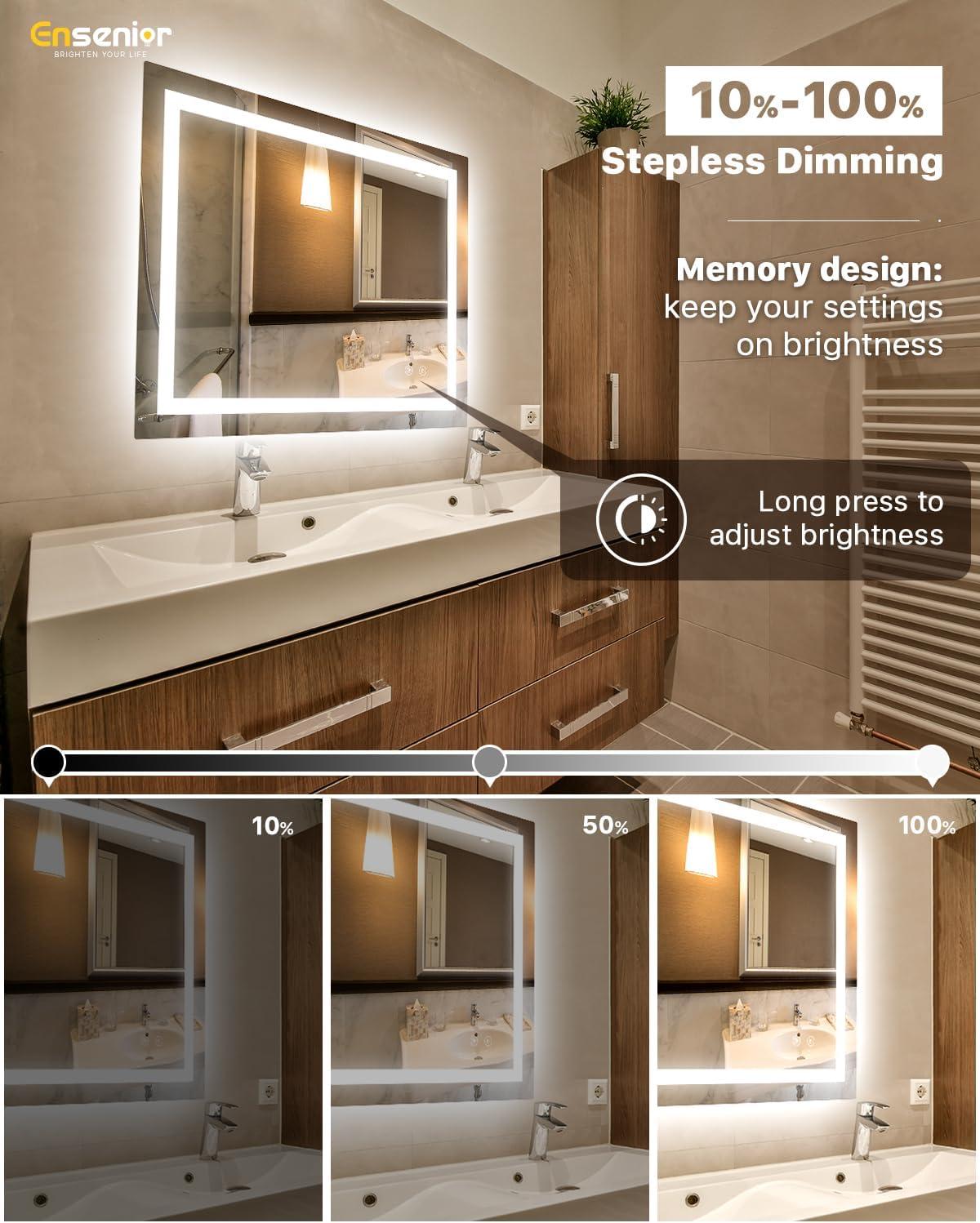 imageEnsenior LED Bathroom Mirror 30quotx 36quot with Front and Backlight Stepless Dimmable Wall Mirrors with AntiFog ShatterProof Memory 3 Colors Modern LED Vanity MirrorFCC32L x 40W