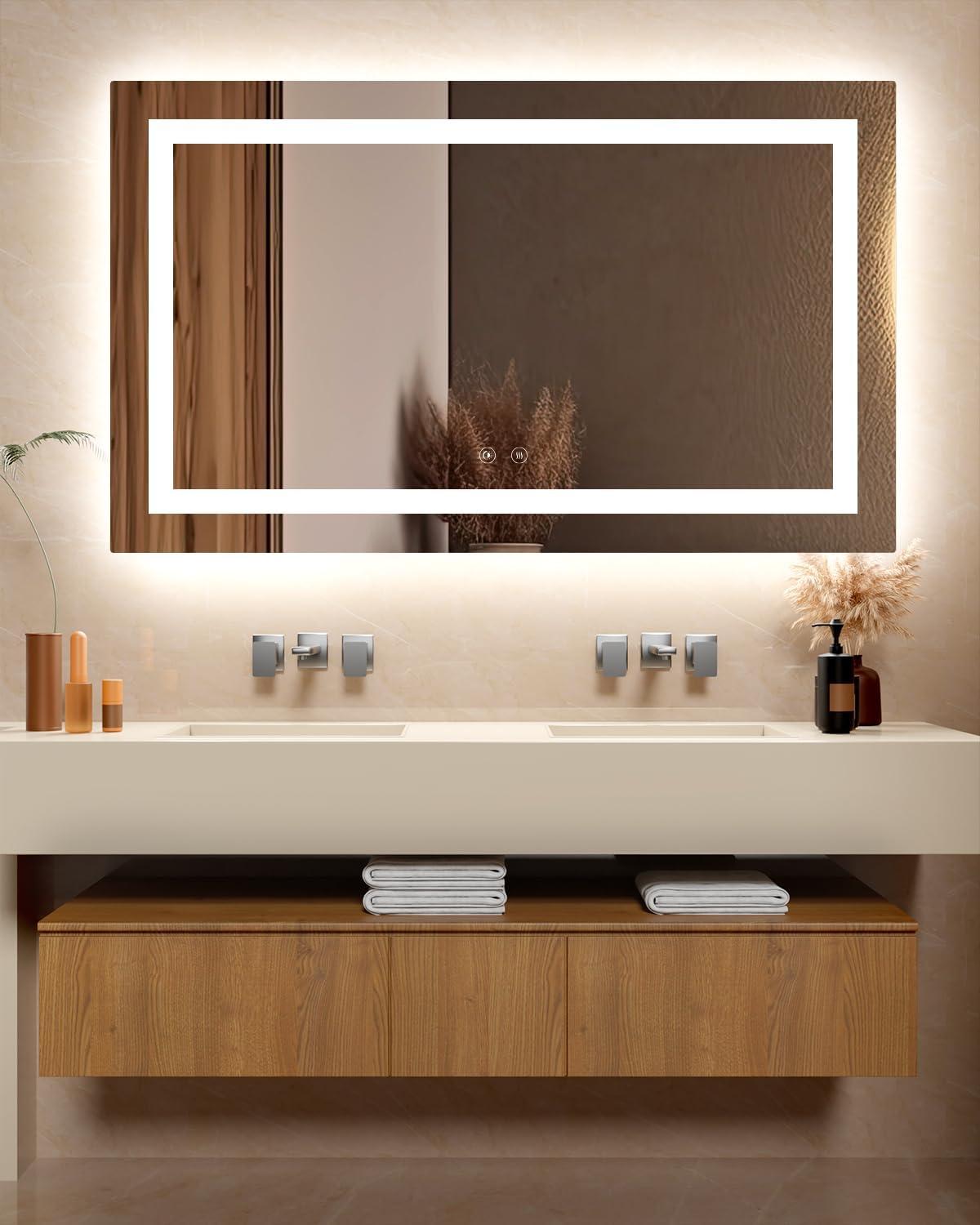 imageEnsenior LED Bathroom Mirror 30quotx 36quot with Front and Backlight Stepless Dimmable Wall Mirrors with AntiFog ShatterProof Memory 3 Colors Modern LED Vanity MirrorFCC60L x 36W