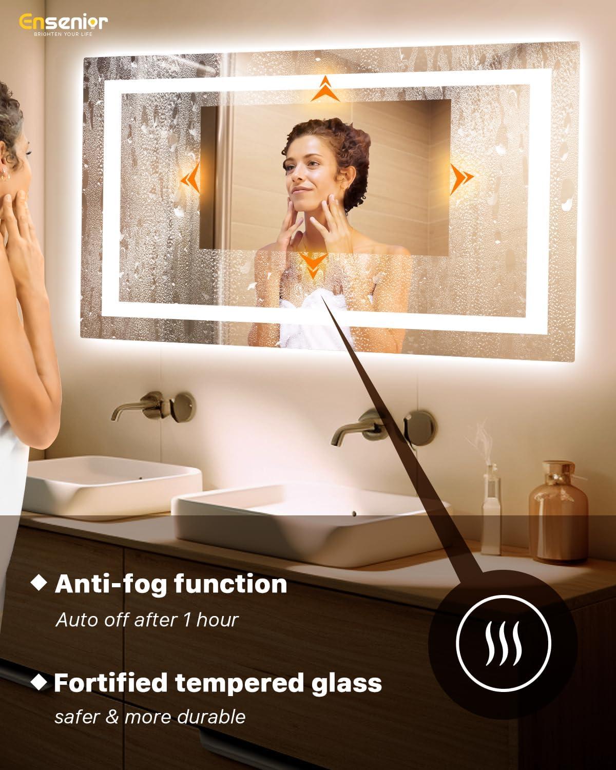 imageEnsenior LED Bathroom Mirror 30quotx 36quot with Front and Backlight Stepless Dimmable Wall Mirrors with AntiFog ShatterProof Memory 3 Colors Modern LED Vanity MirrorFCC55L x 30W
