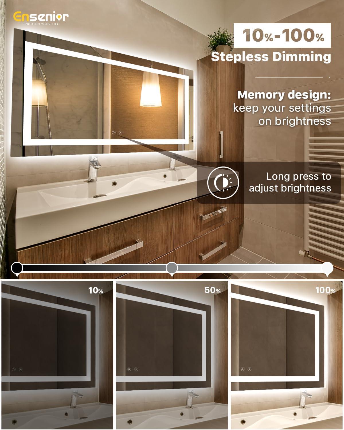 imageEnsenior LED Bathroom Mirror 30quotx 36quot with Front and Backlight Stepless Dimmable Wall Mirrors with AntiFog ShatterProof Memory 3 Colors Modern LED Vanity MirrorFCC72L x 36W