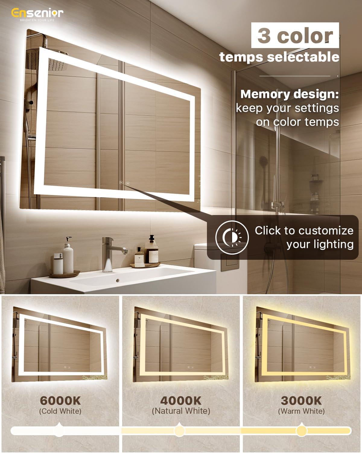 imageEnsenior LED Bathroom Mirror 30quotx 36quot with Front and Backlight Stepless Dimmable Wall Mirrors with AntiFog ShatterProof Memory 3 Colors Modern LED Vanity MirrorFCC60L x 40W