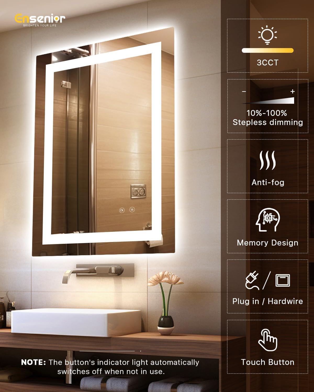 imageEnsenior LED Bathroom Mirror 30quotx 36quot with Front and Backlight Stepless Dimmable Wall Mirrors with AntiFog ShatterProof Memory 3 Colors Modern LED Vanity MirrorFCC32L x 24W