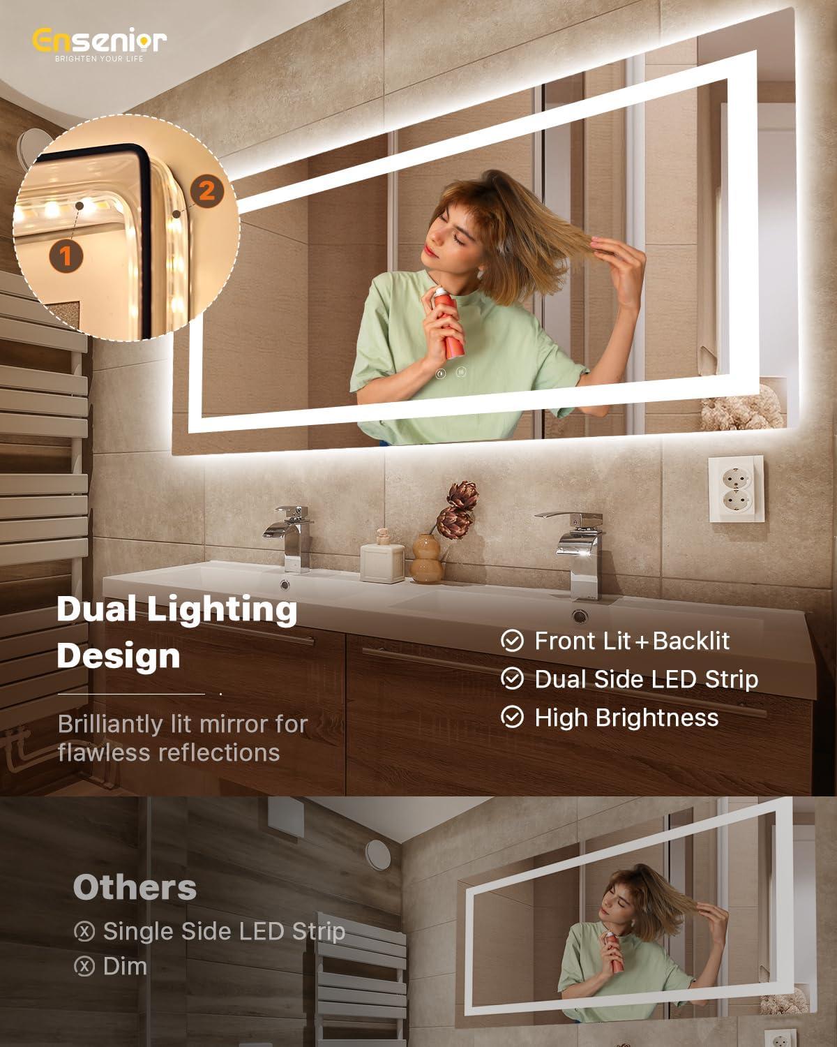 imageEnsenior LED Bathroom Mirror 30quotx 36quot with Front and Backlight Stepless Dimmable Wall Mirrors with AntiFog ShatterProof Memory 3 Colors Modern LED Vanity MirrorFCC72L x 36W