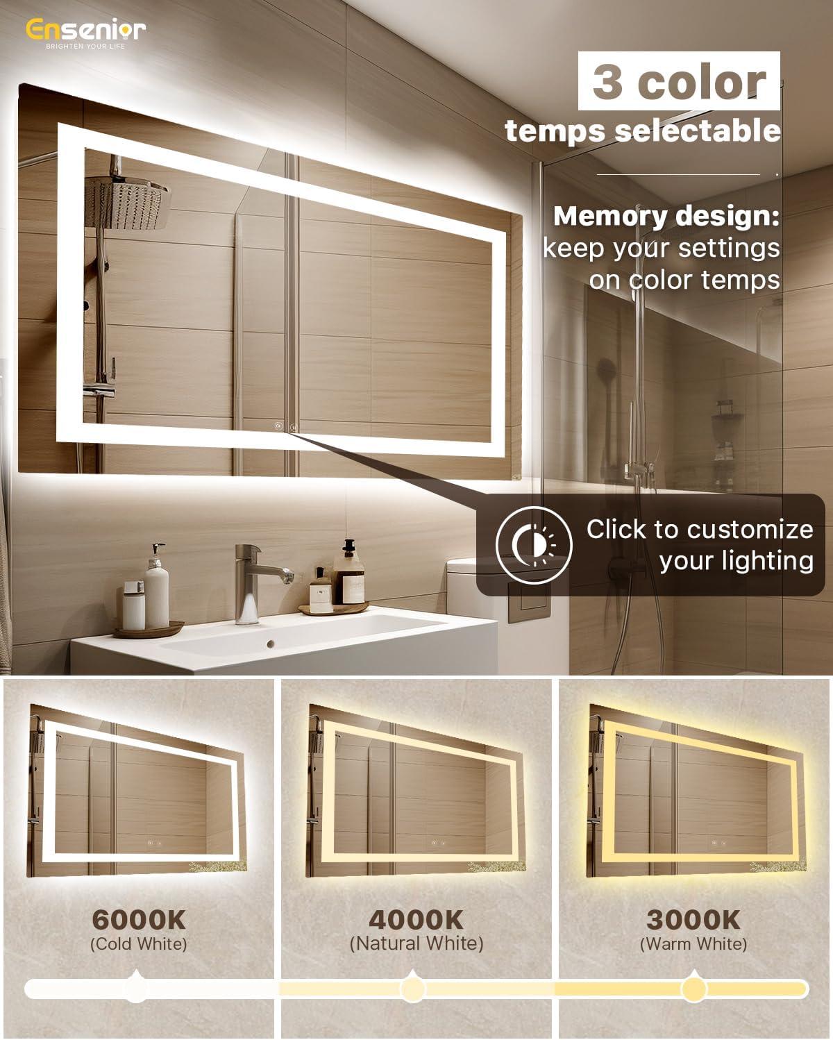 imageEnsenior LED Bathroom Mirror 30quotx 36quot with Front and Backlight Stepless Dimmable Wall Mirrors with AntiFog ShatterProof Memory 3 Colors Modern LED Vanity MirrorFCC55L x 30W