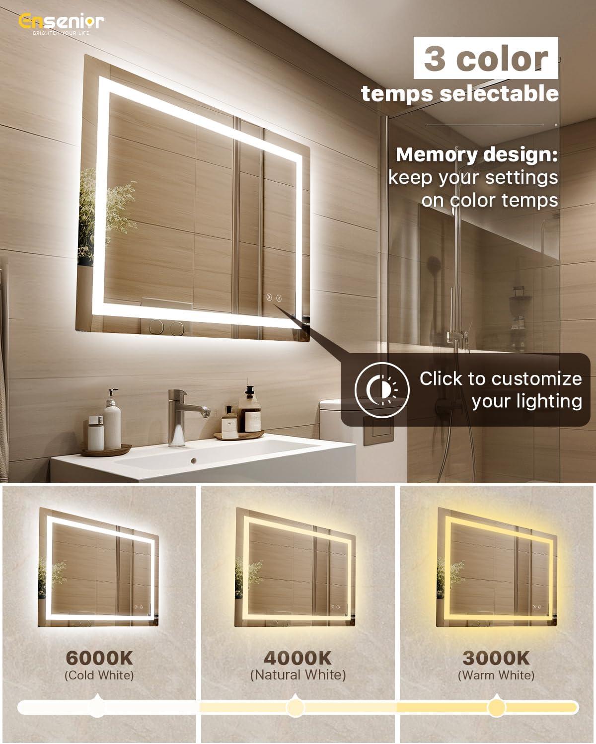 imageEnsenior LED Bathroom Mirror 30quotx 36quot with Front and Backlight Stepless Dimmable Wall Mirrors with AntiFog ShatterProof Memory 3 Colors Modern LED Vanity MirrorFCC32L x 40W