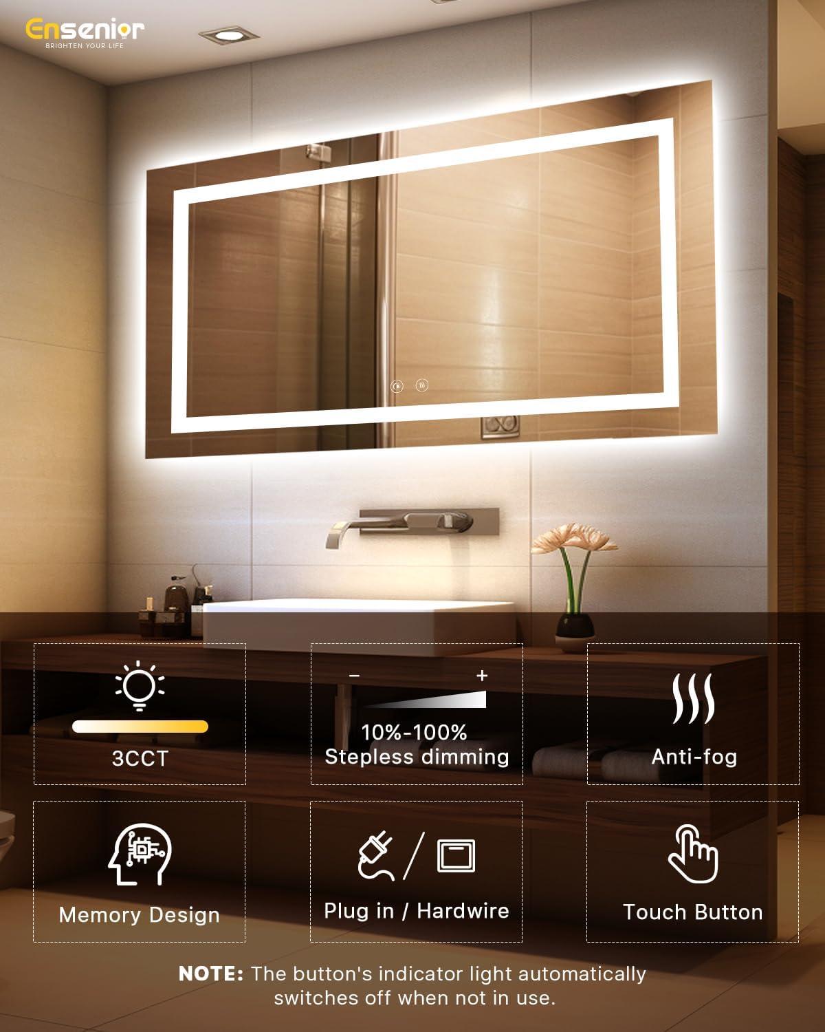 imageEnsenior LED Bathroom Mirror 30quotx 36quot with Front and Backlight Stepless Dimmable Wall Mirrors with AntiFog ShatterProof Memory 3 Colors Modern LED Vanity MirrorFCC55L x 30W