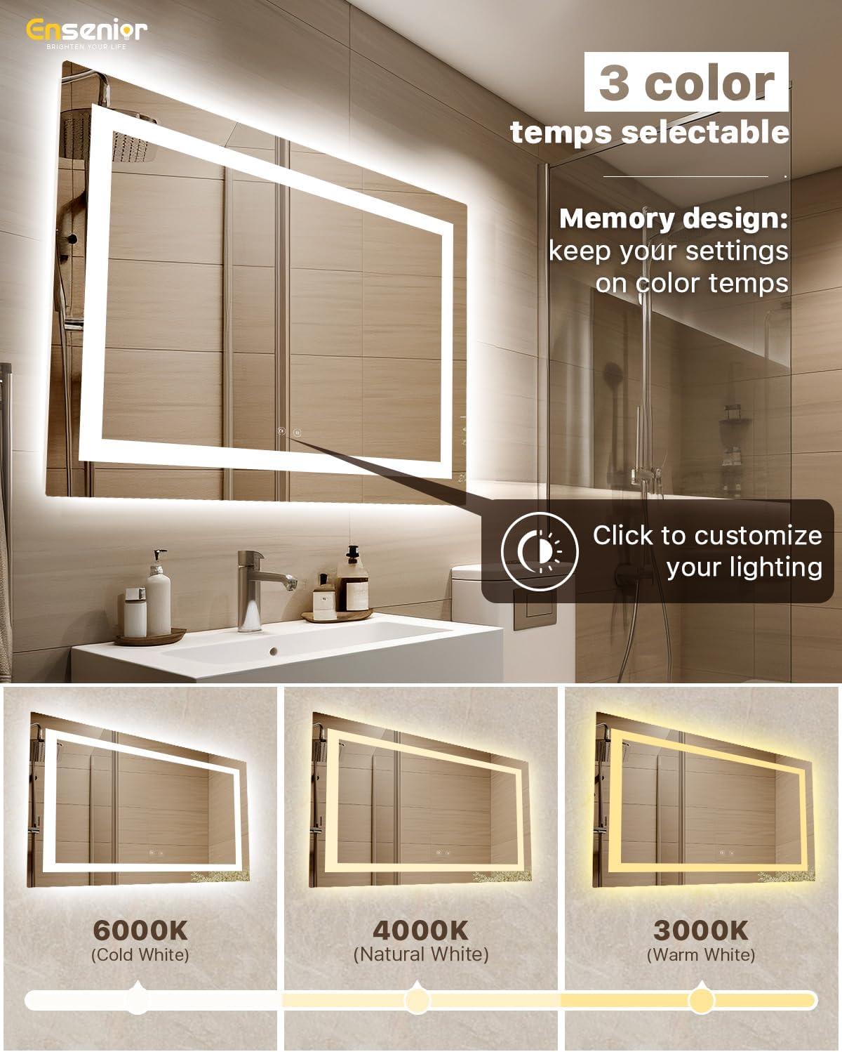 imageEnsenior LED Bathroom Mirror 30quotx 36quot with Front and Backlight Stepless Dimmable Wall Mirrors with AntiFog ShatterProof Memory 3 Colors Modern LED Vanity MirrorFCC60L x 36W