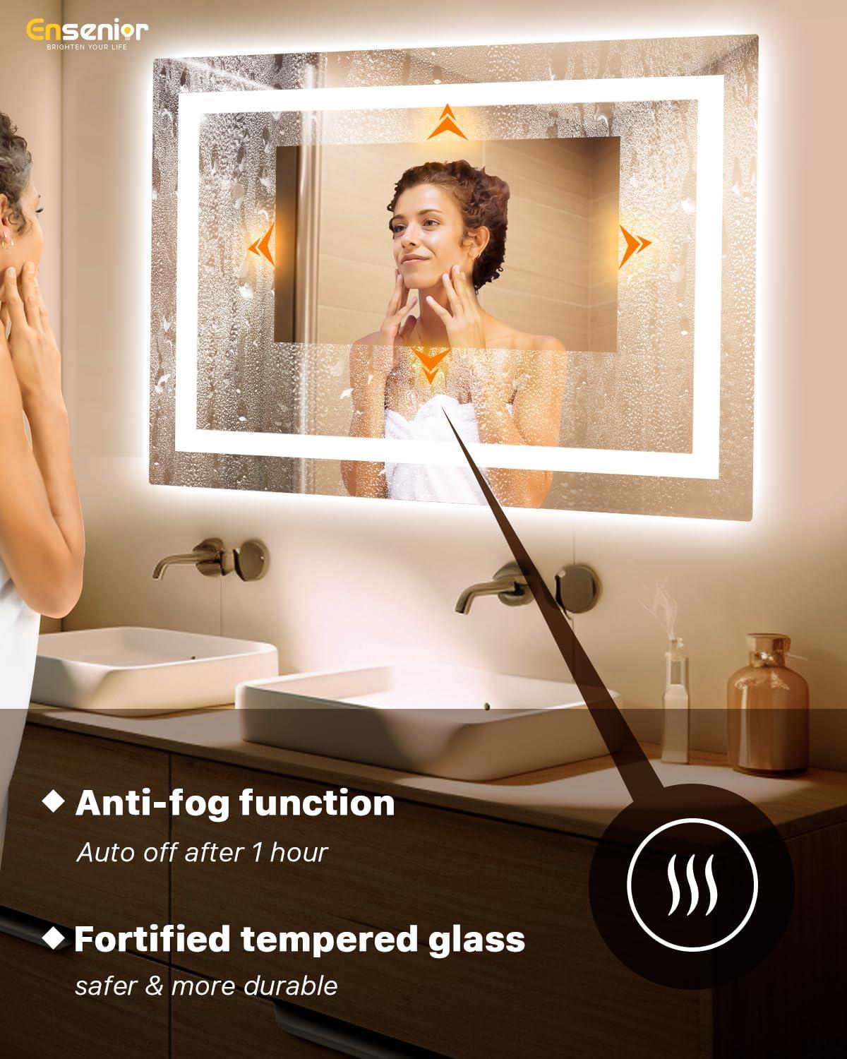 imageEnsenior LED Bathroom Mirror 30quotx 36quot with Front and Backlight Stepless Dimmable Wall Mirrors with AntiFog ShatterProof Memory 3 Colors Modern LED Vanity MirrorFCC60L x 40W