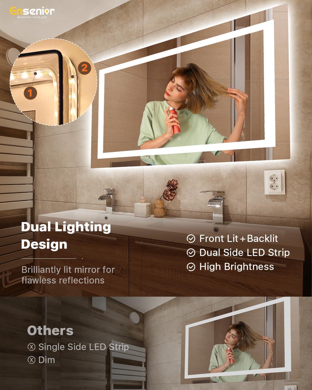 imageEnsenior LED Bathroom Mirror 30quotx 36quot with Front and Backlight Stepless Dimmable Wall Mirrors with AntiFog ShatterProof Memory 3 Colors Modern LED Vanity MirrorFCC55L x 30W