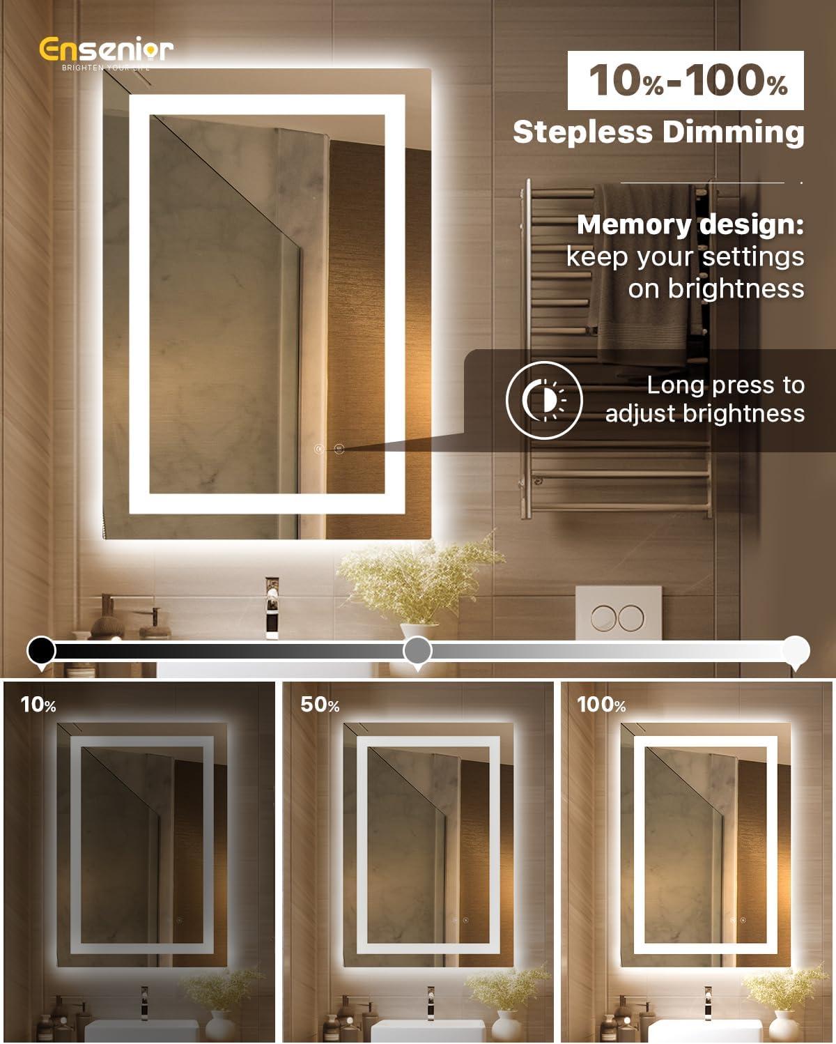 imageEnsenior LED Bathroom Mirror 30quotx 36quot with Front and Backlight Stepless Dimmable Wall Mirrors with AntiFog ShatterProof Memory 3 Colors Modern LED Vanity MirrorFCC32L x 24W