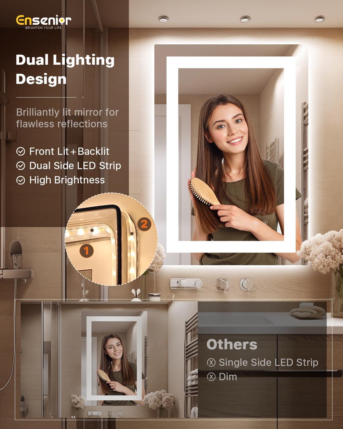 imageEnsenior LED Bathroom Mirror 30quotx 36quot with Front and Backlight Stepless Dimmable Wall Mirrors with AntiFog ShatterProof Memory 3 Colors Modern LED Vanity MirrorFCC36L x 30W