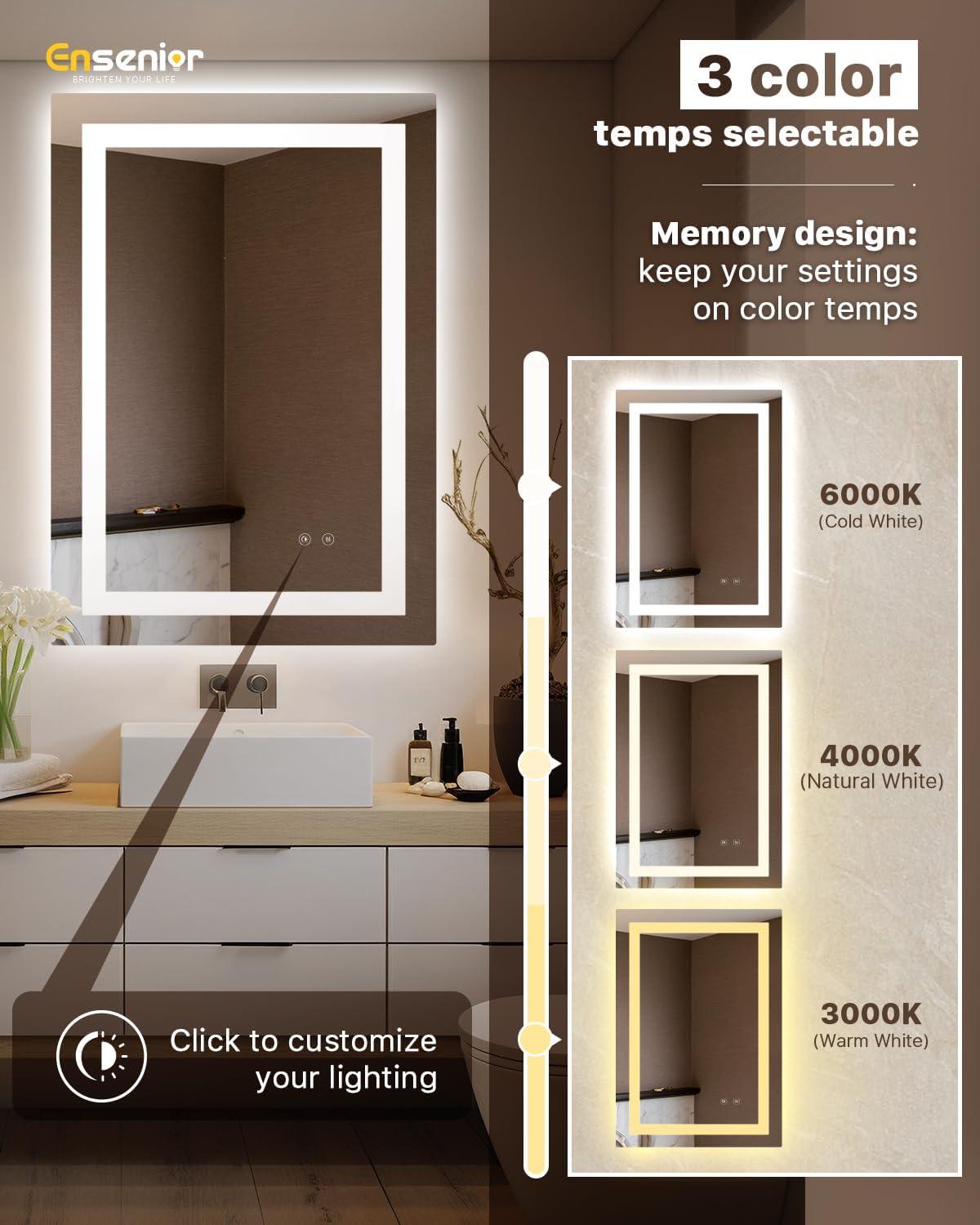imageEnsenior LED Bathroom Mirror 30quotx 36quot with Front and Backlight Stepless Dimmable Wall Mirrors with AntiFog ShatterProof Memory 3 Colors Modern LED Vanity MirrorFCC36L x 30W