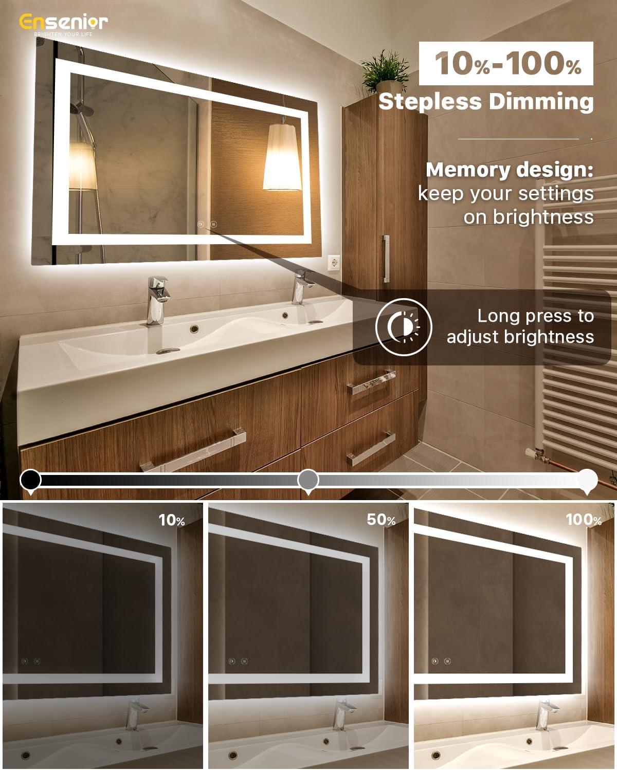 imageEnsenior LED Bathroom Mirror 30quotx 36quot with Front and Backlight Stepless Dimmable Wall Mirrors with AntiFog ShatterProof Memory 3 Colors Modern LED Vanity MirrorFCC60L x 36W