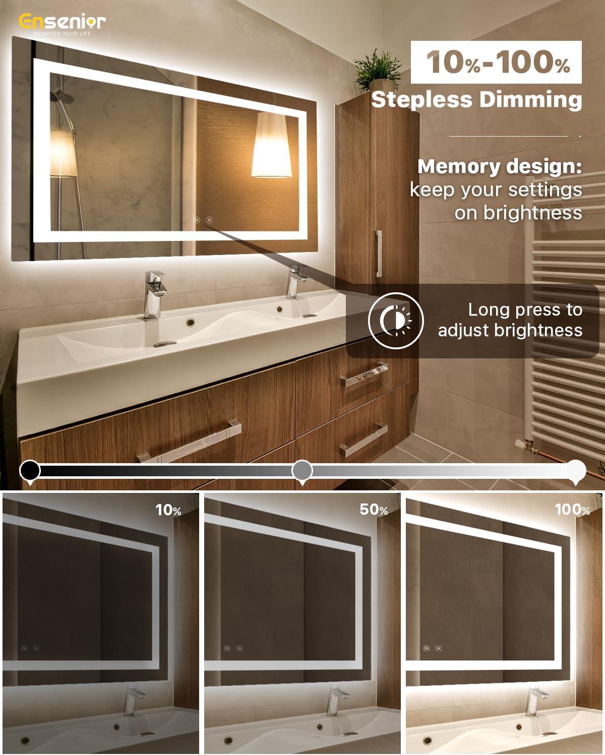 imageEnsenior LED Bathroom Mirror 30quotx 36quot with Front and Backlight Stepless Dimmable Wall Mirrors with AntiFog ShatterProof Memory 3 Colors Modern LED Vanity MirrorFCC55L x 30W