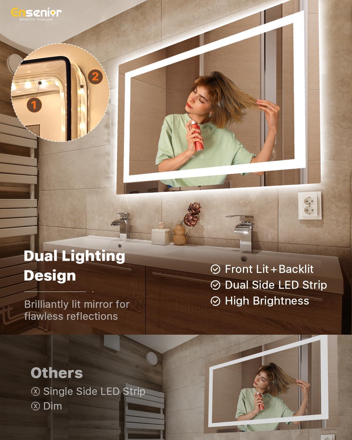imageEnsenior LED Bathroom Mirror 30quotx 36quot with Front and Backlight Stepless Dimmable Wall Mirrors with AntiFog ShatterProof Memory 3 Colors Modern LED Vanity MirrorFCC60L x 40W