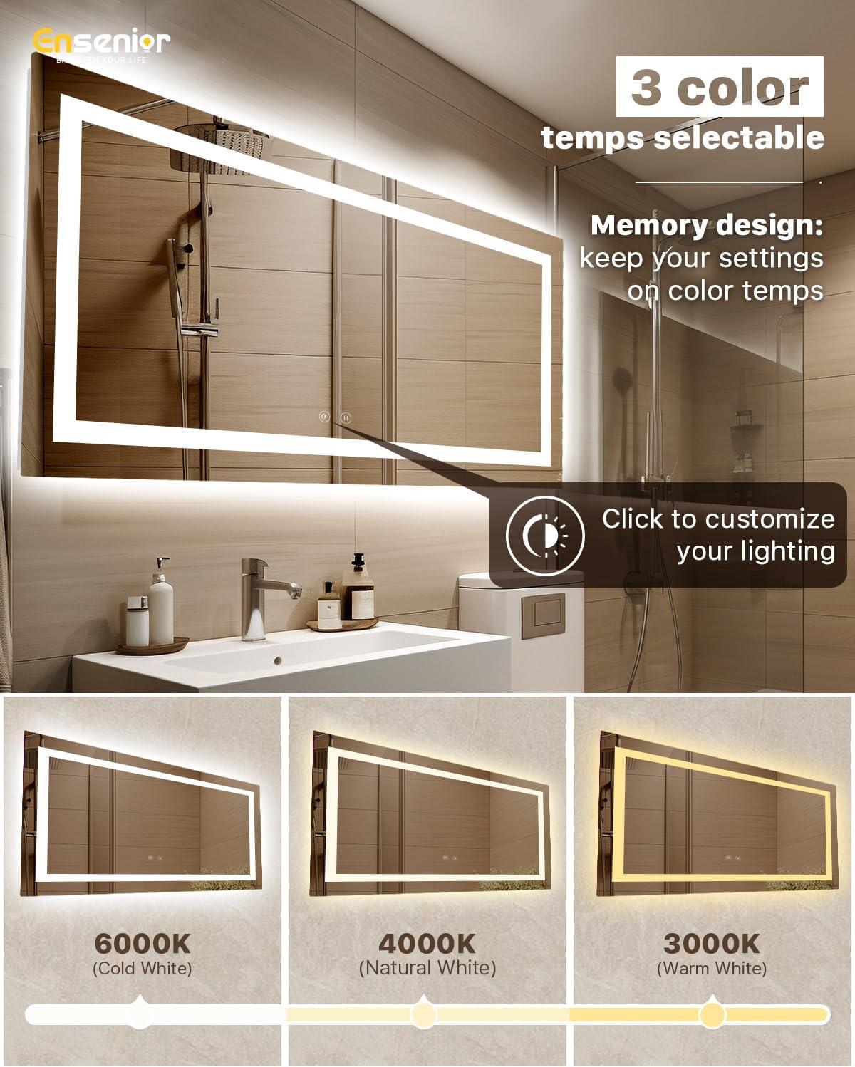 imageEnsenior LED Bathroom Mirror 30quotx 36quot with Front and Backlight Stepless Dimmable Wall Mirrors with AntiFog ShatterProof Memory 3 Colors Modern LED Vanity MirrorFCC72L x 36W
