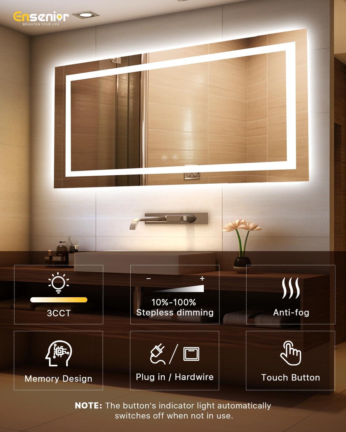 imageEnsenior LED Bathroom Mirror 30quotx 36quot with Front and Backlight Stepless Dimmable Wall Mirrors with AntiFog ShatterProof Memory 3 Colors Modern LED Vanity MirrorFCC72L x 36W