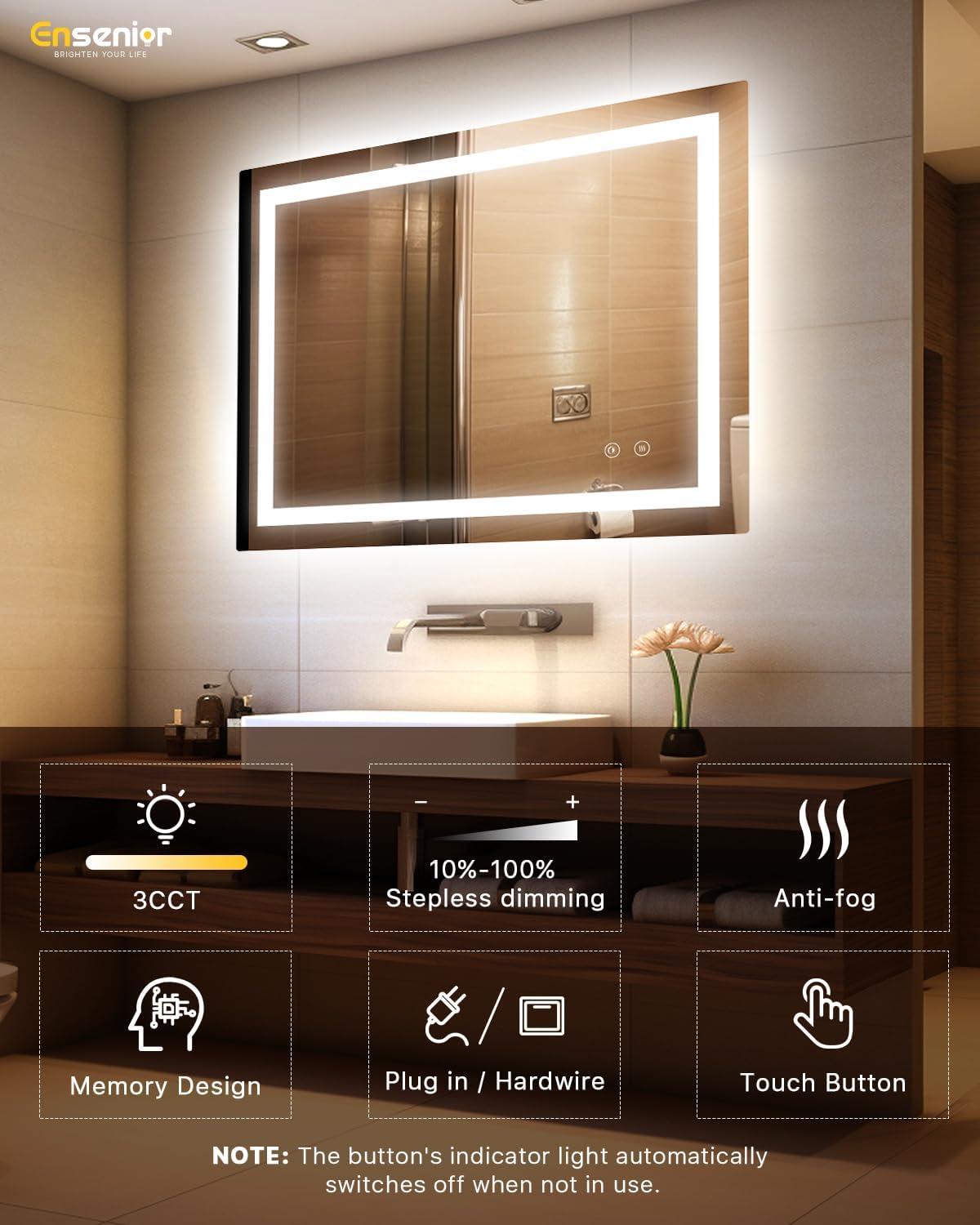 imageEnsenior LED Bathroom Mirror 30quotx 36quot with Front and Backlight Stepless Dimmable Wall Mirrors with AntiFog ShatterProof Memory 3 Colors Modern LED Vanity MirrorFCC32L x 40W
