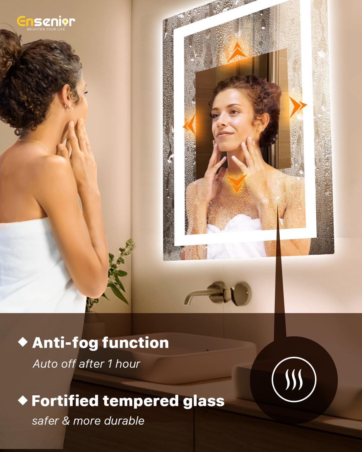 imageEnsenior LED Bathroom Mirror 30quotx 36quot with Front and Backlight Stepless Dimmable Wall Mirrors with AntiFog ShatterProof Memory 3 Colors Modern LED Vanity MirrorFCC32L x 24W