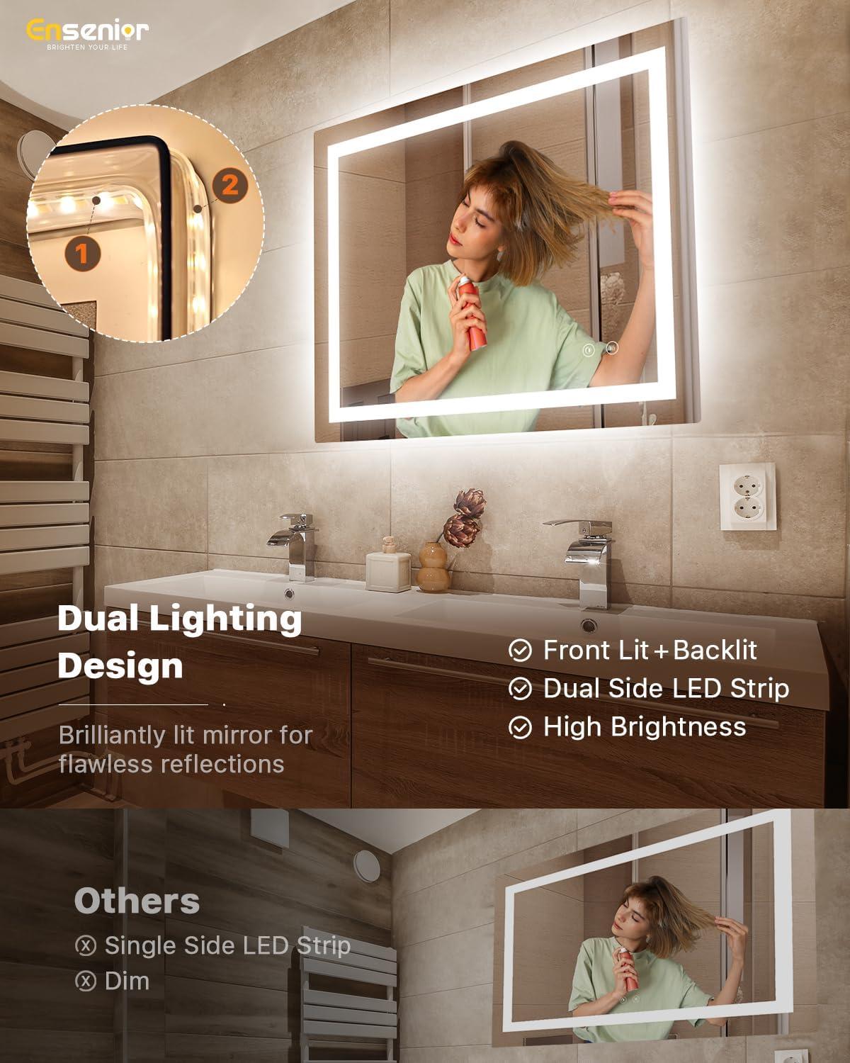 imageEnsenior LED Bathroom Mirror 30quotx 36quot with Front and Backlight Stepless Dimmable Wall Mirrors with AntiFog ShatterProof Memory 3 Colors Modern LED Vanity MirrorFCC32L x 40W