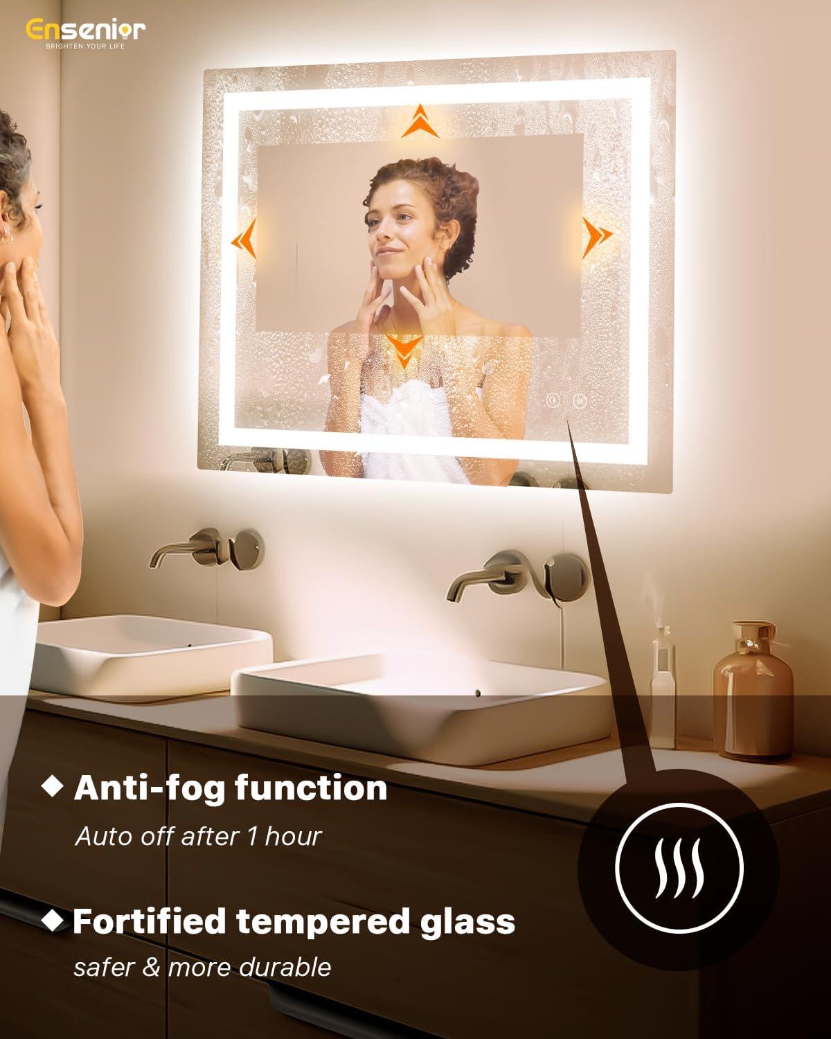 imageEnsenior LED Bathroom Mirror 30quotx 36quot with Front and Backlight Stepless Dimmable Wall Mirrors with AntiFog ShatterProof Memory 3 Colors Modern LED Vanity MirrorFCC32L x 40W