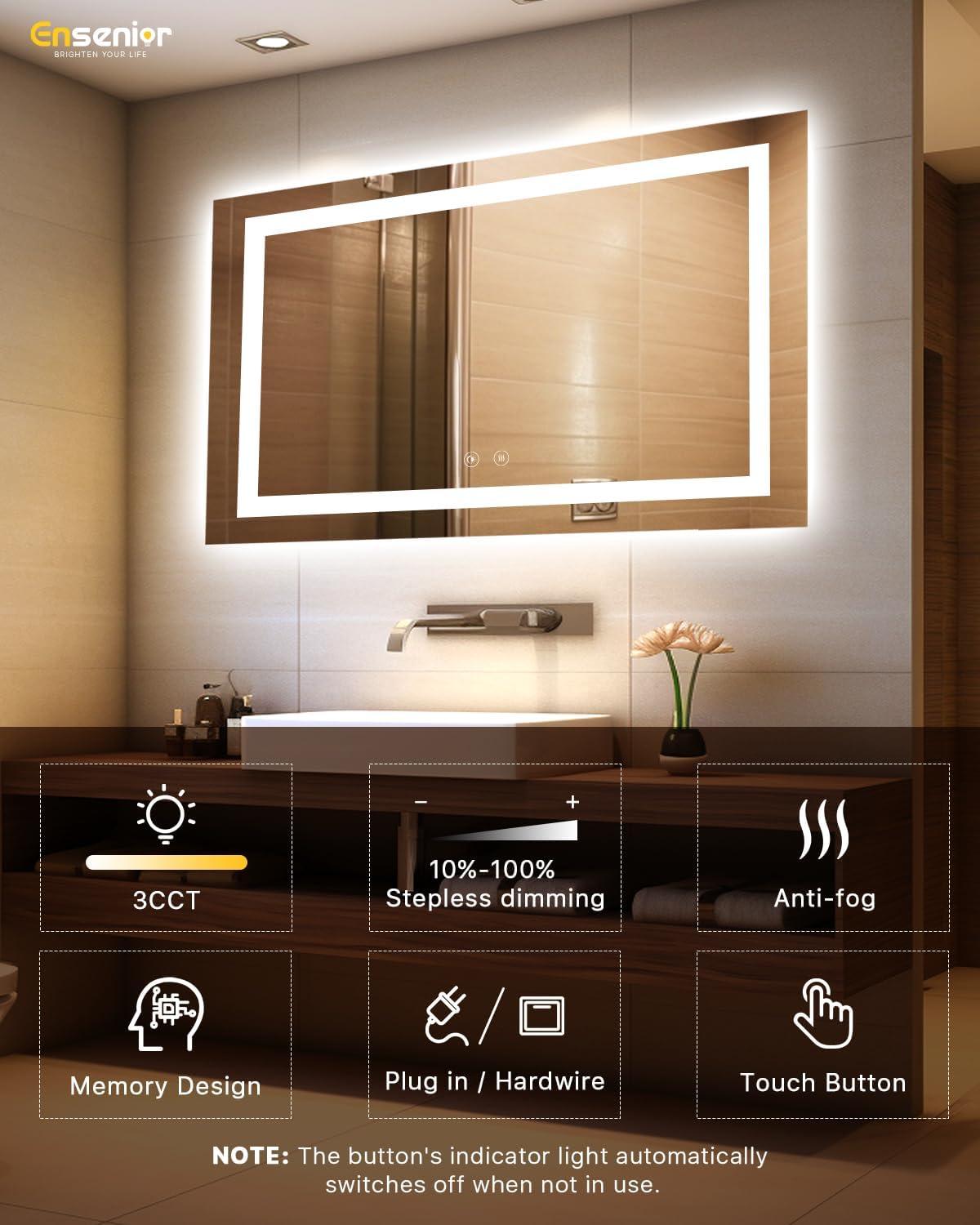 imageEnsenior LED Bathroom Mirror 30quotx 36quot with Front and Backlight Stepless Dimmable Wall Mirrors with AntiFog ShatterProof Memory 3 Colors Modern LED Vanity MirrorFCC60L x 36W