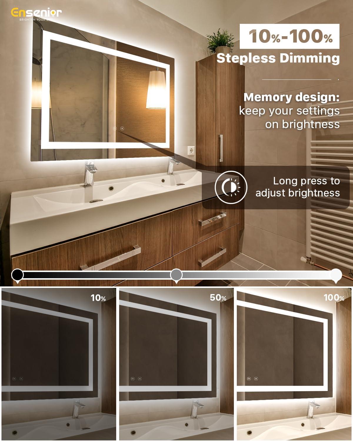 imageEnsenior LED Bathroom Mirror 30quotx 36quot with Front and Backlight Stepless Dimmable Wall Mirrors with AntiFog ShatterProof Memory 3 Colors Modern LED Vanity MirrorFCC60L x 40W