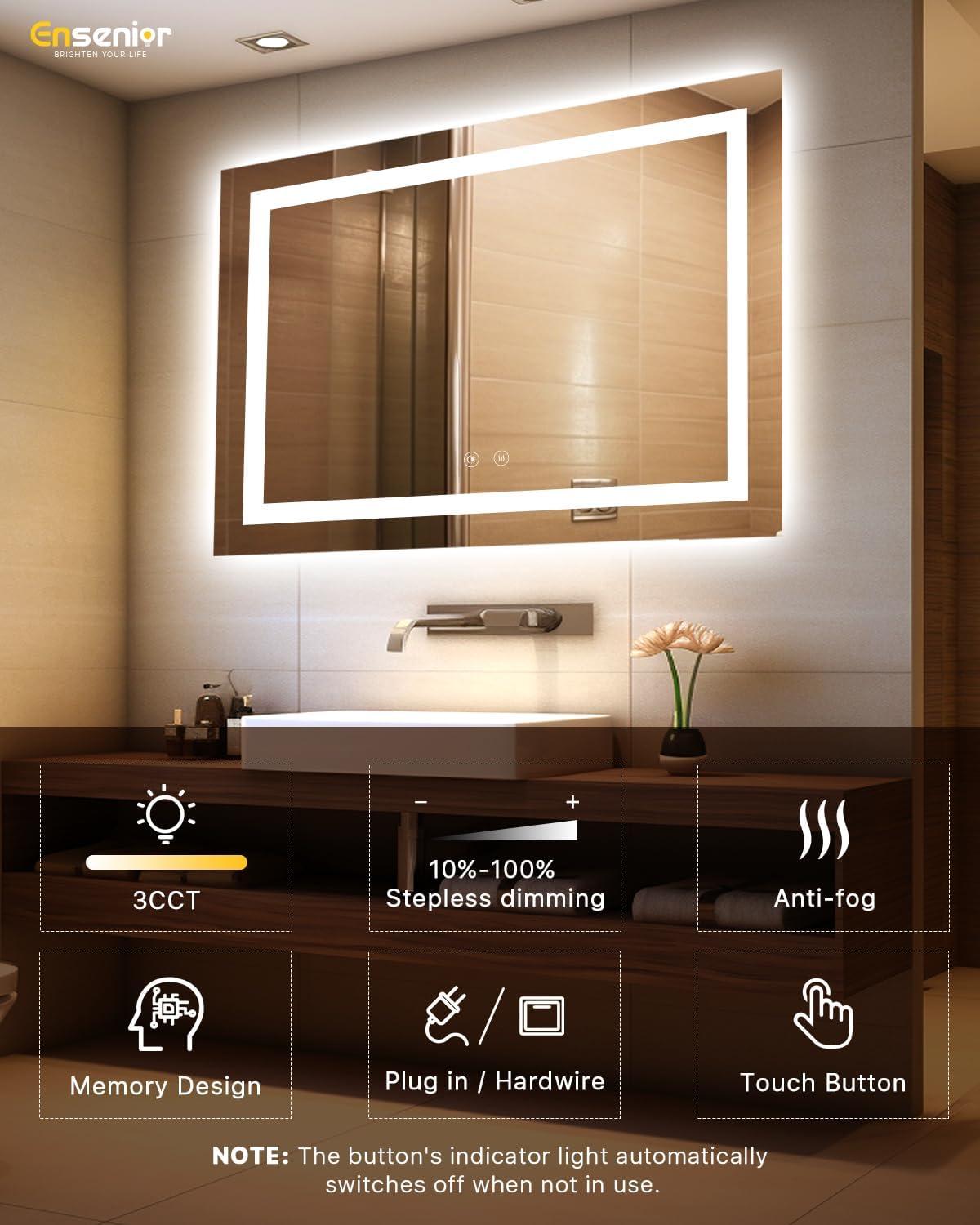 imageEnsenior LED Bathroom Mirror 30quotx 36quot with Front and Backlight Stepless Dimmable Wall Mirrors with AntiFog ShatterProof Memory 3 Colors Modern LED Vanity MirrorFCC60L x 40W