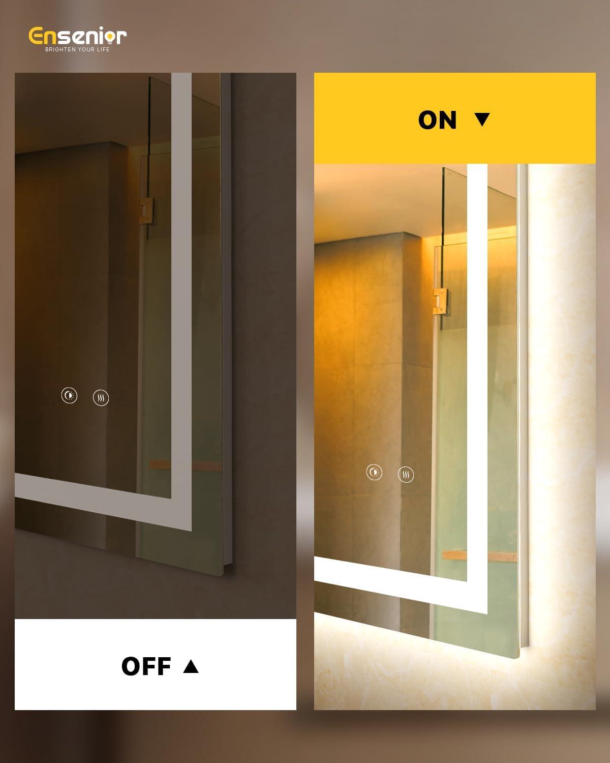 imageEnsenior LED Bathroom Mirror 30quotx 36quot with Front and Backlight Stepless Dimmable Wall Mirrors with AntiFog ShatterProof Memory 3 Colors Modern LED Vanity MirrorFCC60L x 40W