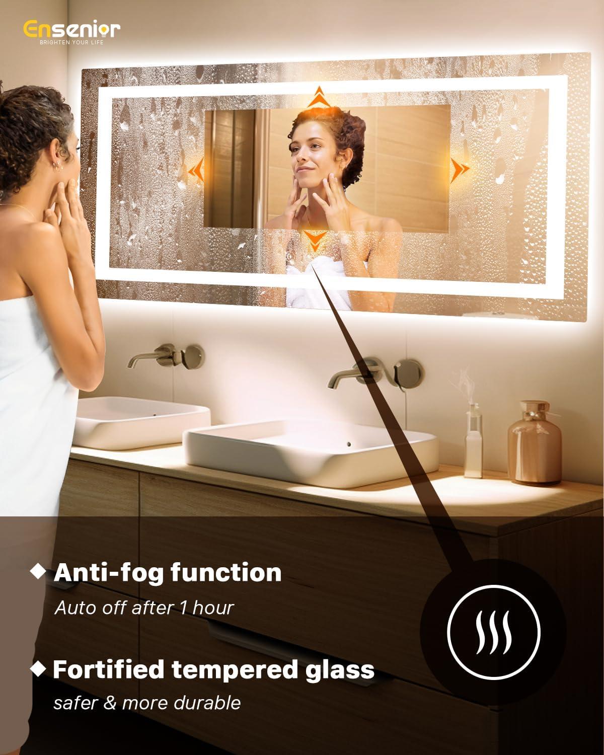 imageEnsenior LED Bathroom Mirror 30quotx 36quot with Front and Backlight Stepless Dimmable Wall Mirrors with AntiFog ShatterProof Memory 3 Colors Modern LED Vanity MirrorFCC72L x 36W