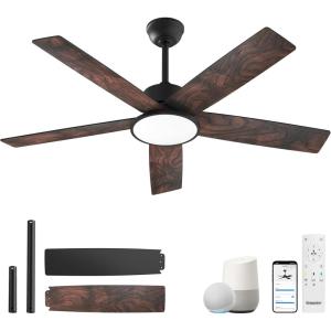 imageEnsenior 52 Inch Smart Ceiling Fans with Lights and Remote Control via Alexa Google Voice App 6 Speeds Reversible DC Motor 3000K6000K Dimmable LED Black bedroom ceiling fan with lights  3 Blades5Blade