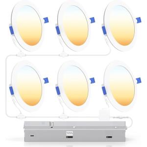 imageEnsenior 6 Pack 6 Inch LED Recessed Ceiling Light with Central Junction Box Kit Dimmable 2700K5000K 5CCT 1050LM 12W 120V UltraThin Canless Wafer Downlight  ETL ampamp FCC ampamp IC ampamp Damp Rated