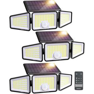 imageEnsenior Motion Sensor Outdoor Lights 220 LED IP65 Waterproof Solar Security Light with Remote Control 3 Heads Solar Flood Light Outdoor with 4 Modes 270 Wide Angle Motion Light for Outside 3Pack3Pack