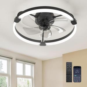 imageEnsenior 24 Low Profile Ceiling Fans with Lights and Remote Fandelier Ceiling Fan Flush Mount APP Control 6 Speed ampamp 3000K6500K Stepless Dimmable Small Ceiling Fan with Light for Bedroom  BlackBlack