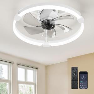 imageEnsenior 24 Low Profile Ceiling Fans with Lights and Remote Fandelier Ceiling Fan Flush Mount APP Control 6 Speed ampamp 3000K6500K Stepless Dimmable Small Ceiling Fan with Light for Bedroom  BlackWhite